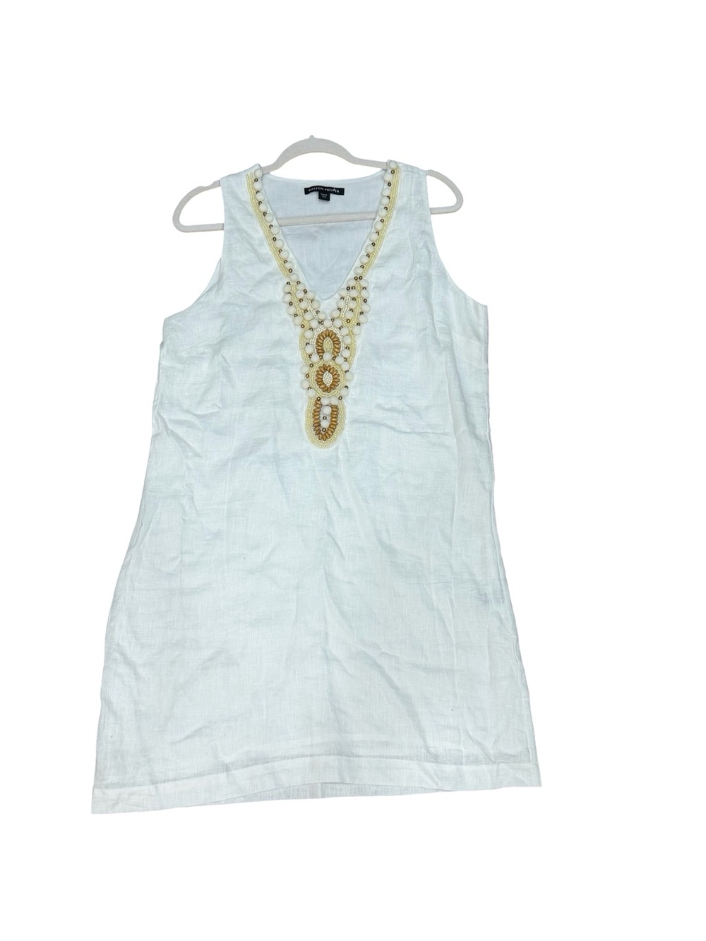 ✨ Boston Proper Linen White Shift Dress Yellow Gold Beaded Detail Size Medium - Picture 2 of 13